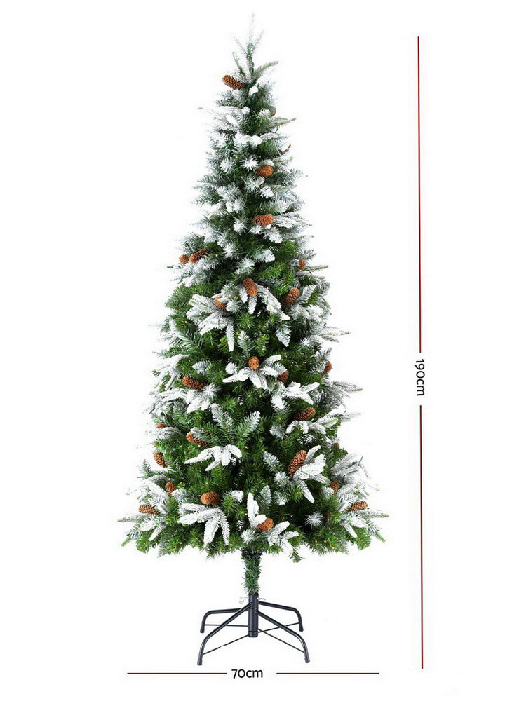 190cm Jingle Jollys Prelit Snow Tipped Slim Christmas Tree with Pine Cones - Dimensions Image