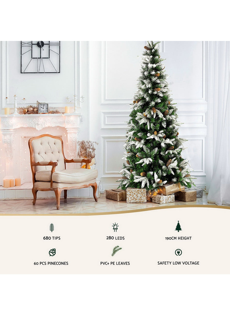 190cm Jingle Jollys Prelit Snow Tipped Slim Christmas Tree with Pine Cones - Information Image 1