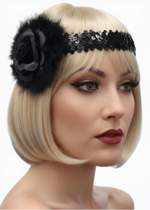 1920s Black Rosette Flapper Costume Headband - Main Image