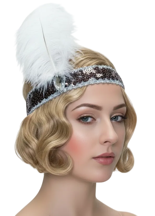 1920s Bronze Sequined Flapper Costume Headband with White Feather - Main Image