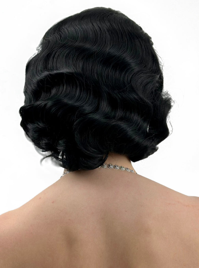 1920s Finger Wave Womens Deluxe Black Flapper Costume Wig - Back Image