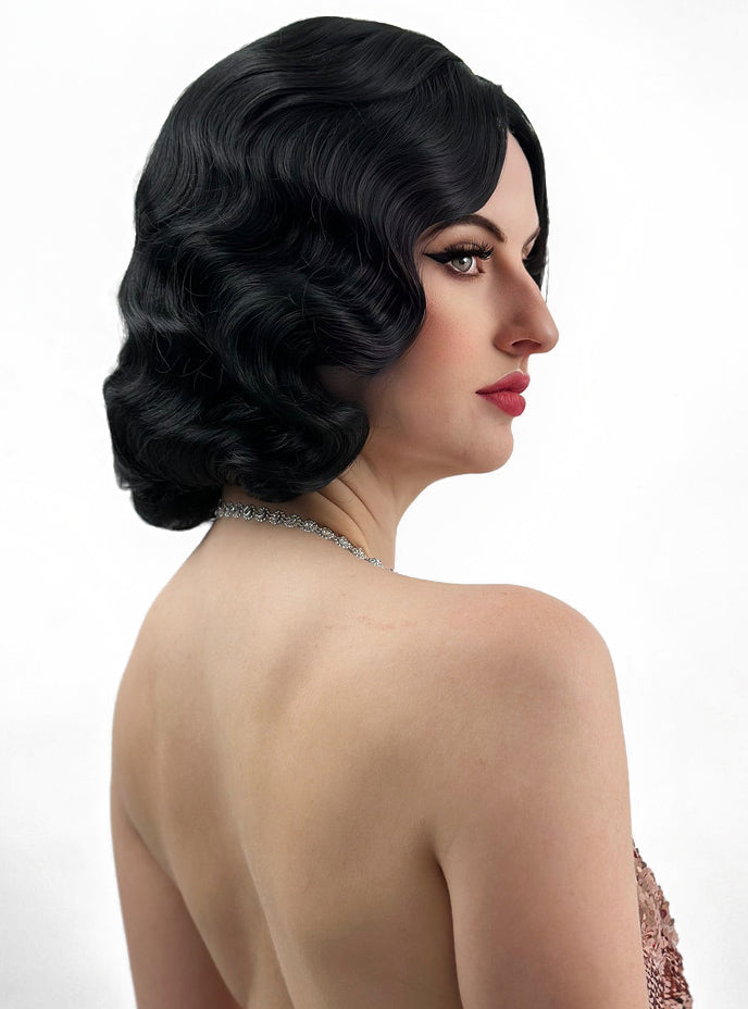 1920s Finger Wave Womens Deluxe Black Flapper Costume Wig - Side Image 2