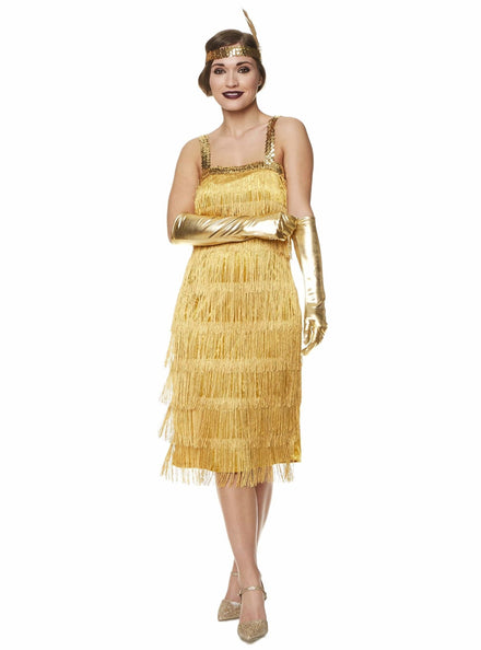 Plus Size Womens Gold Fringed 1920s Flapper Dress Costume - Main Image