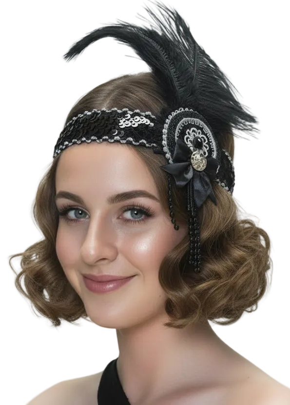1920s Womens Black and Silver Feather Costume Headband - Main Image