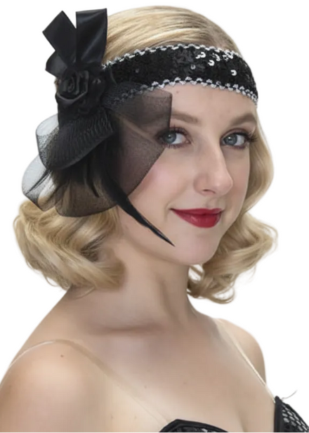1920s Womens Black Tulle and Sequins Flapper Headband - Main Image