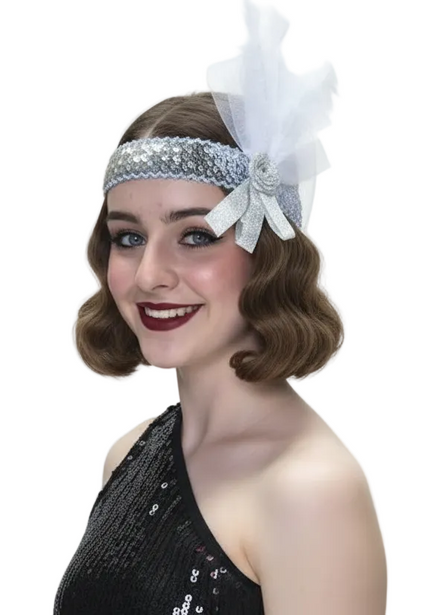 1920s Womens Feather Silver and White Flapper Costume Headband - Main Image