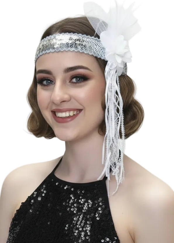 1920s Womens Flower and Ribbon White Flapper Costume Headband - Main Image
