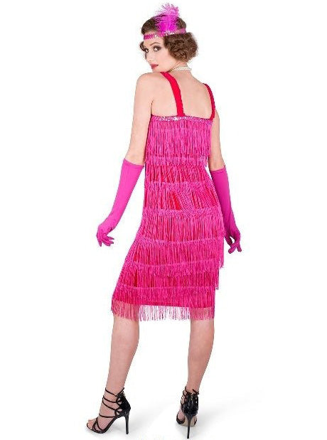 1920s Womens Hot Pink Fringed Flapper Costume - Back Image