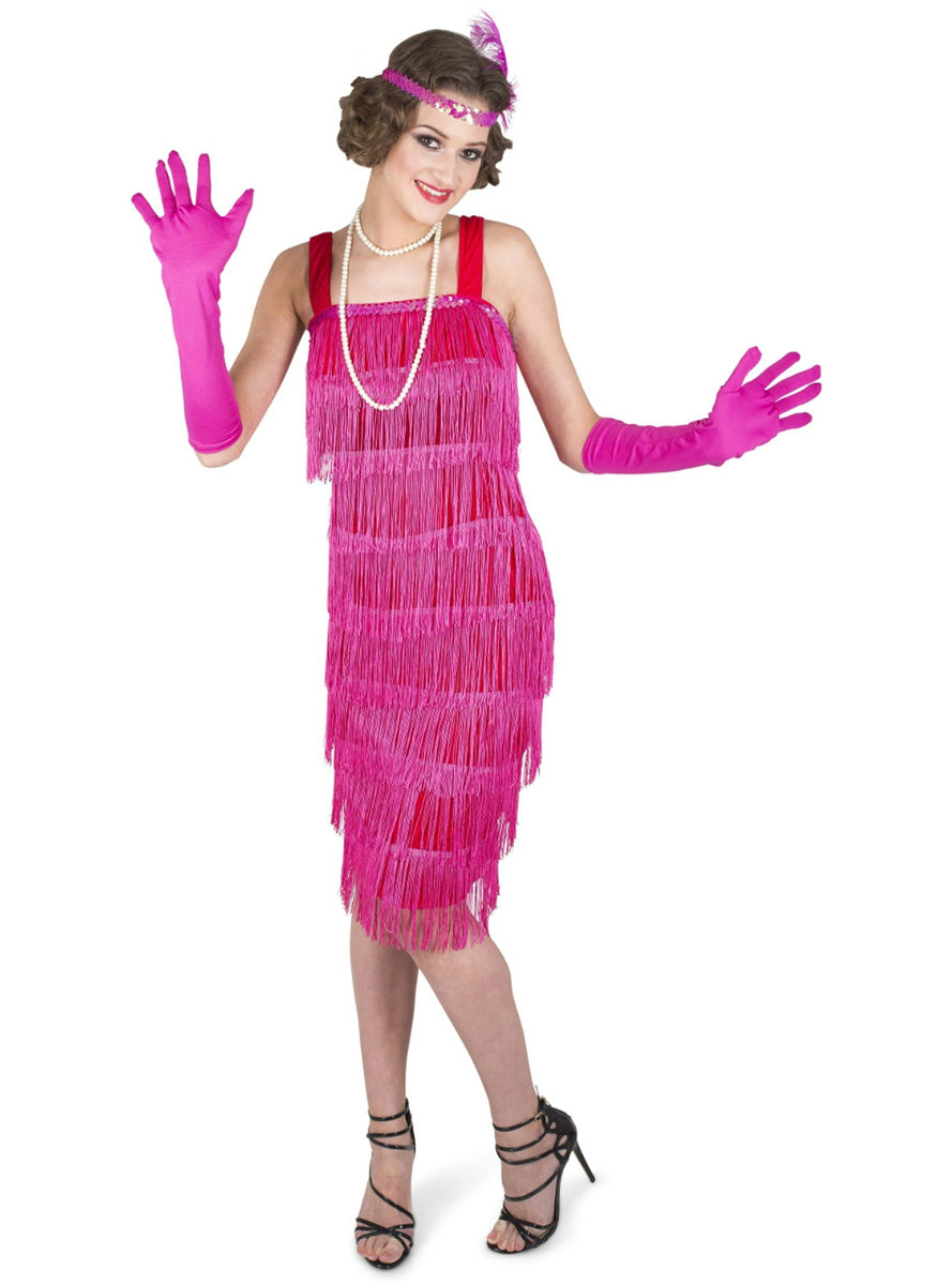 1920s Womens Hot Pink Fringed Flapper Costume - Main Image