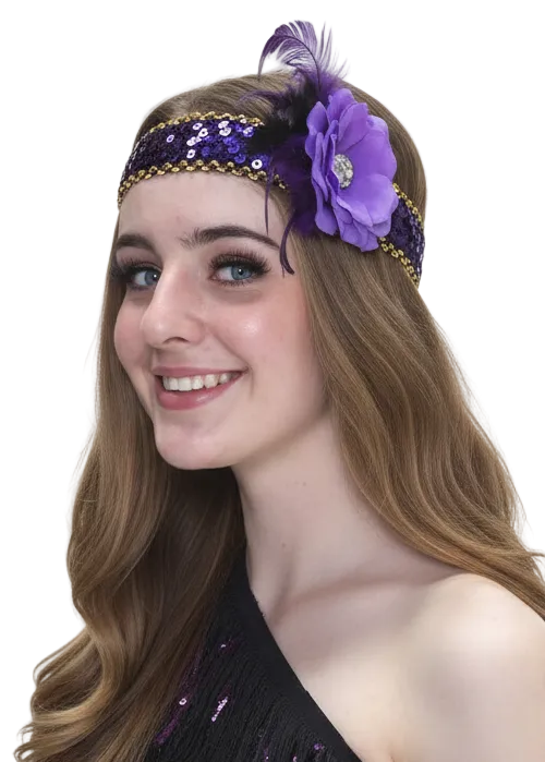 1920s Womens Purple Flapper Costume Headband with Flower - Main Image
