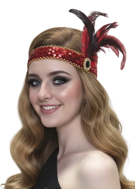 1920s Womens Red and Black Feather Costume Headband - Main Image
