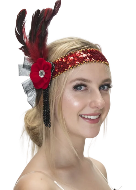1920s Womens Red and Black Flapper Costume Headband with Flower - Main Image