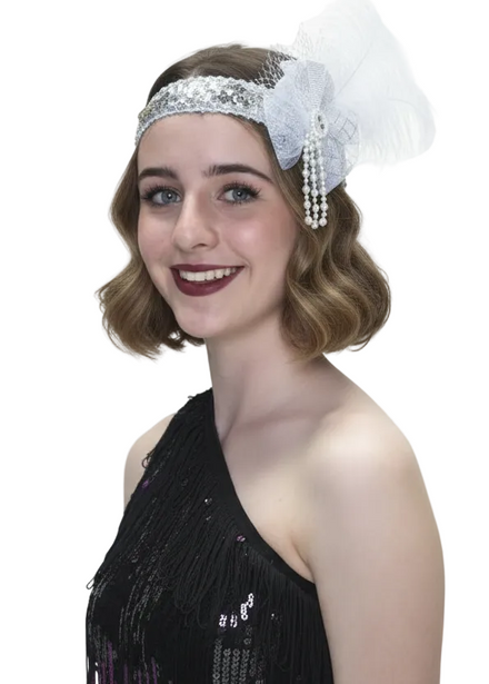 1920s Womens White and Silver Sequined Costume Headband - Main Image