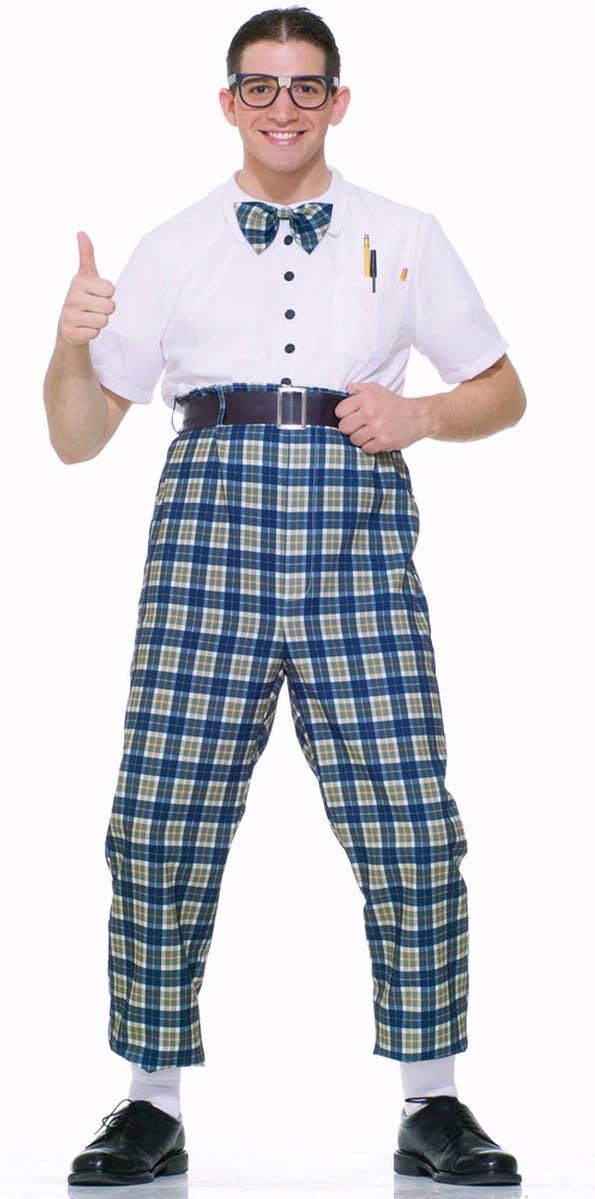 Men's 1950's School Nerd Blue Checkered Fancy Dress Costume Main Image