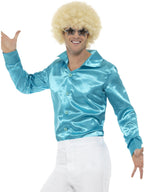 Blue Satin Mens 70s Disco Costume Shirt - Main Image