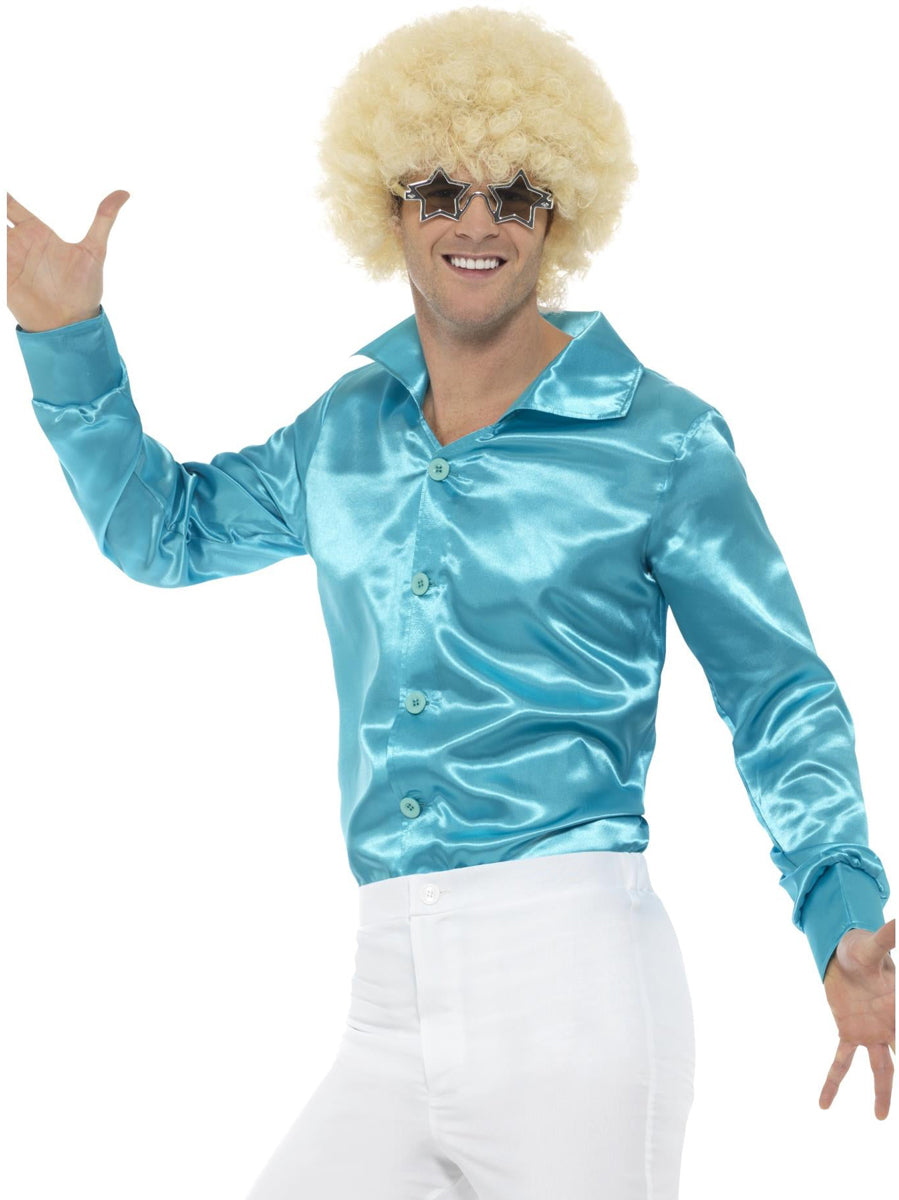 Blue Satin Mens 70s Disco Costume Shirt - Main Image