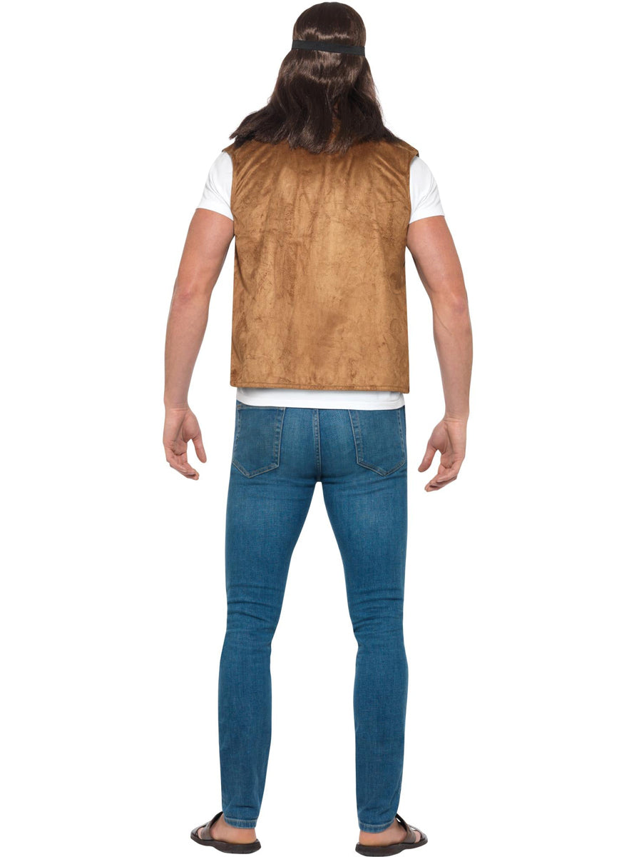 Mens 60s Hippie Brown Faux Fur Trimmed Costume Vest - Back Image