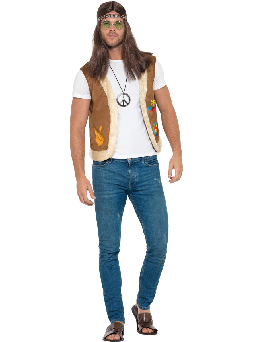 Mens Plus Size Brown 60s Hippie Vest - Front Image