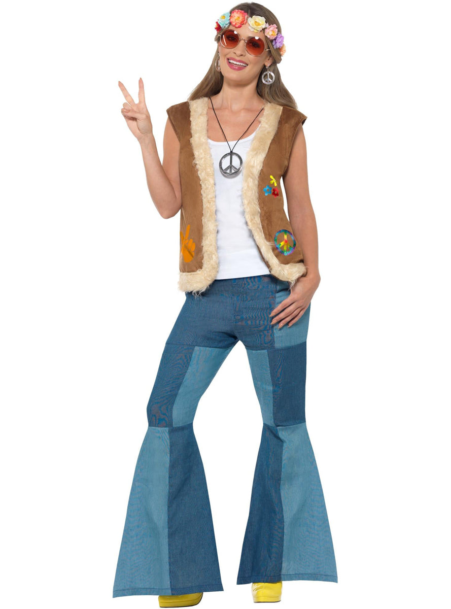 Womens 60s Hippie Brown Faux Fur Trimmed Costume Vest - Main Image