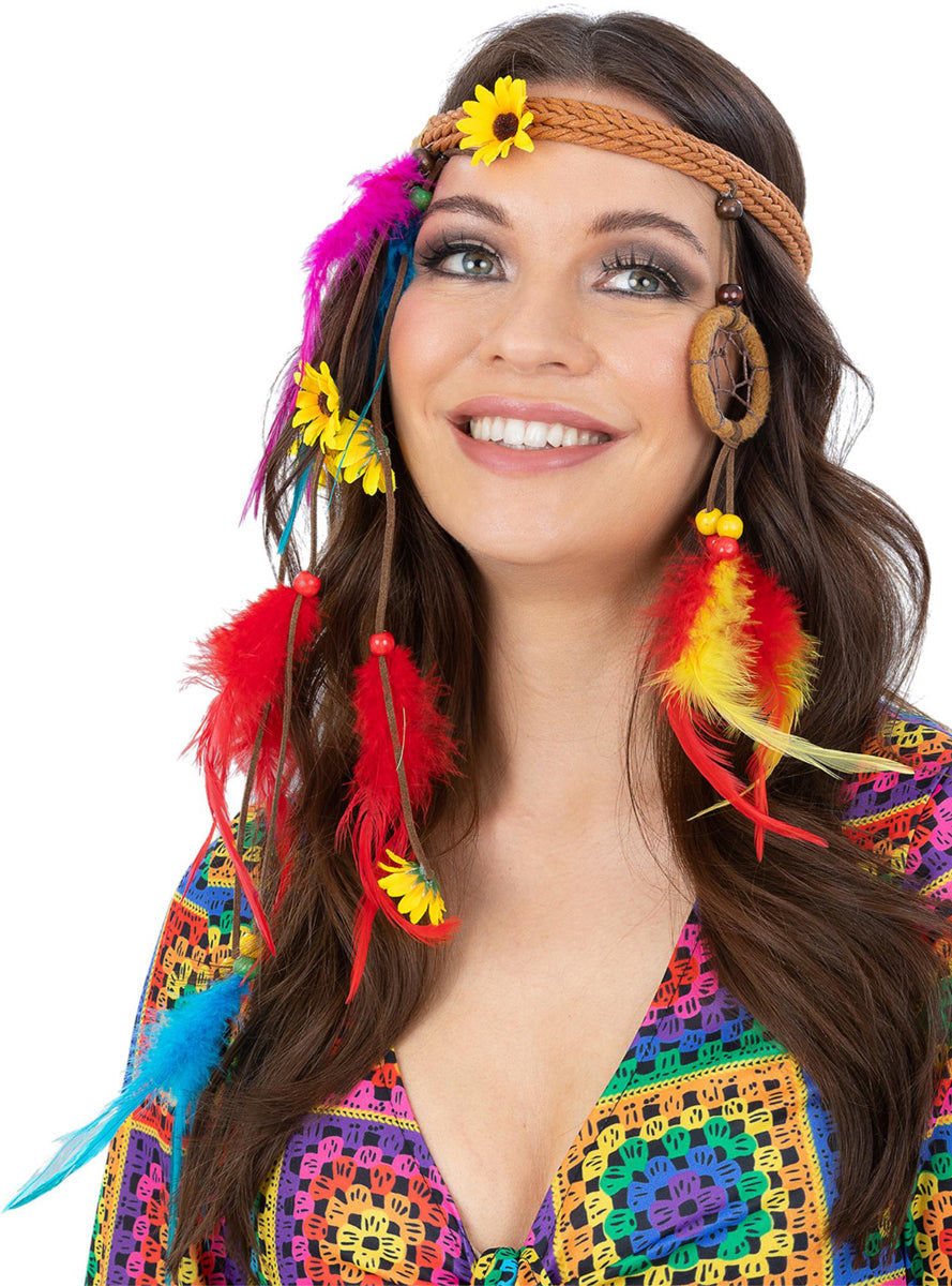 Rainbow Feather Womens 60s Hippie Dream Catcher Costume Headband - Main Image