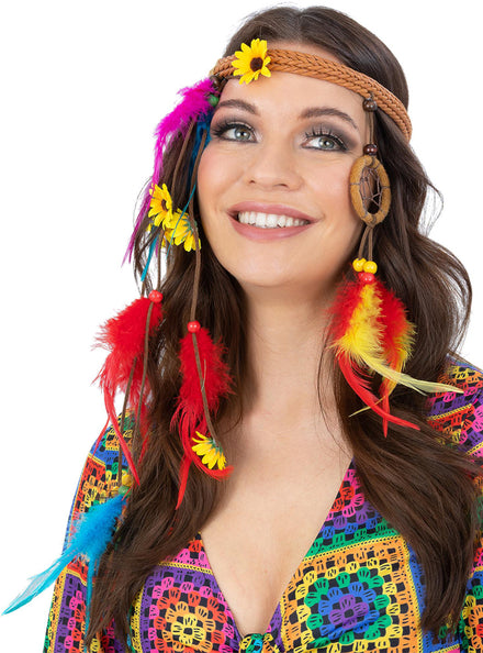 Rainbow Feather Womens 60s Hippie Dream Catcher Costume Headband - Main Image
