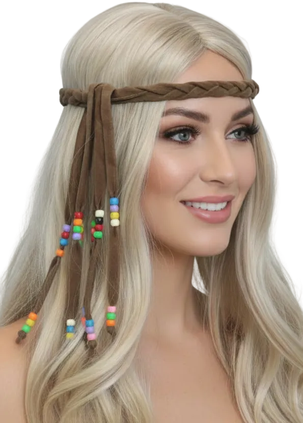 1960s Hippie Adults Beaded Brown Costume Headband - Main Image