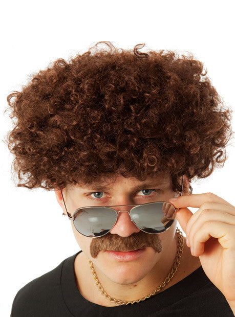 1970s Mens Brown Afro and Moustache Set - Alternative Image