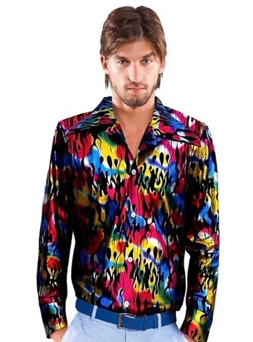 1970s Rainbow Flame Print Mens Disco Costume Shirt - Main Image