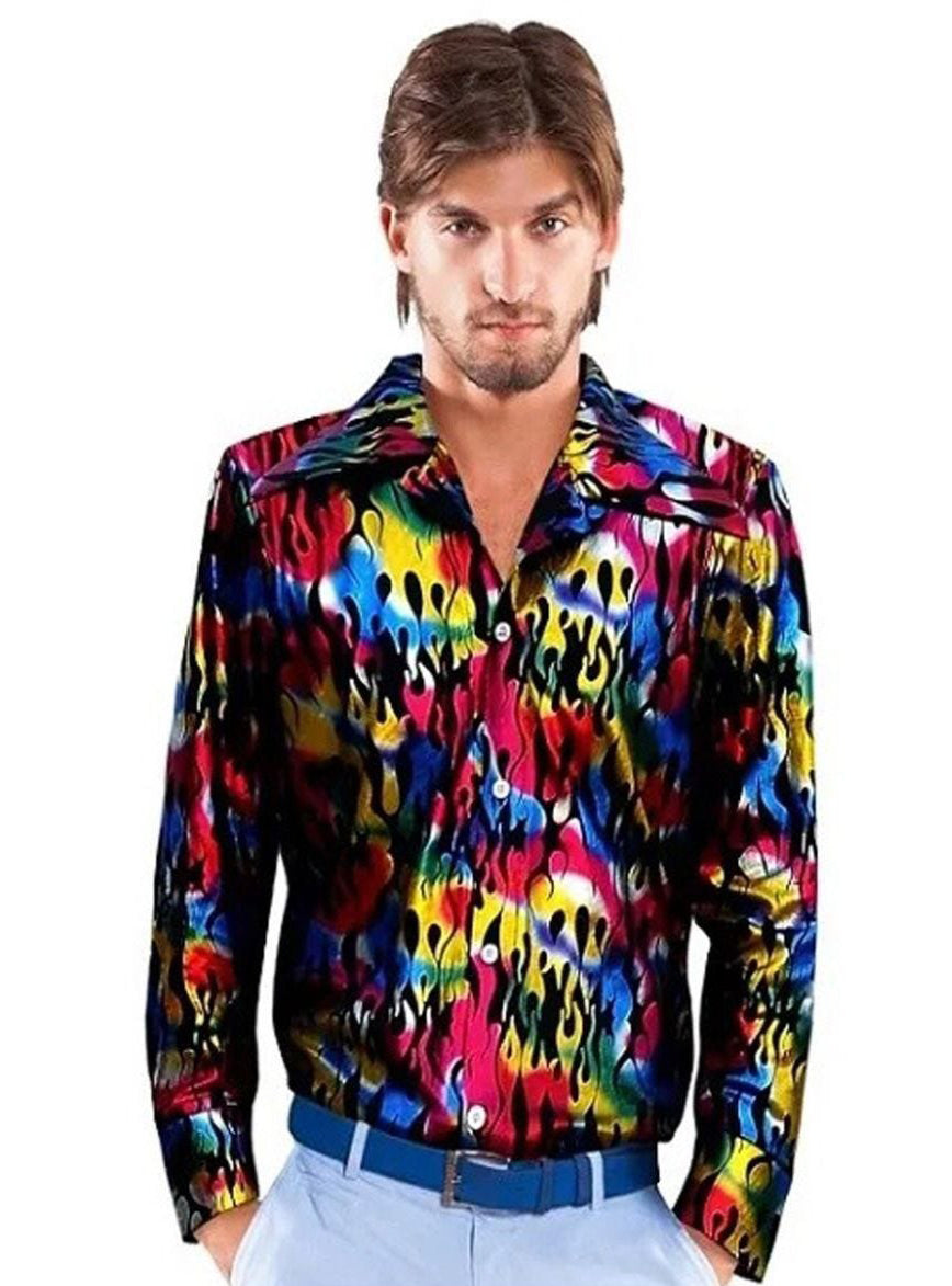 1970s Rainbow Flame Print Plus Size Mens Disco Costume Shirt - Main Image