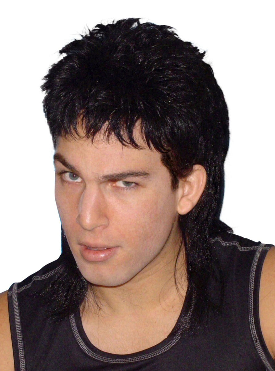 Mens Black Shaggy 1980s Mullet Costume Wig