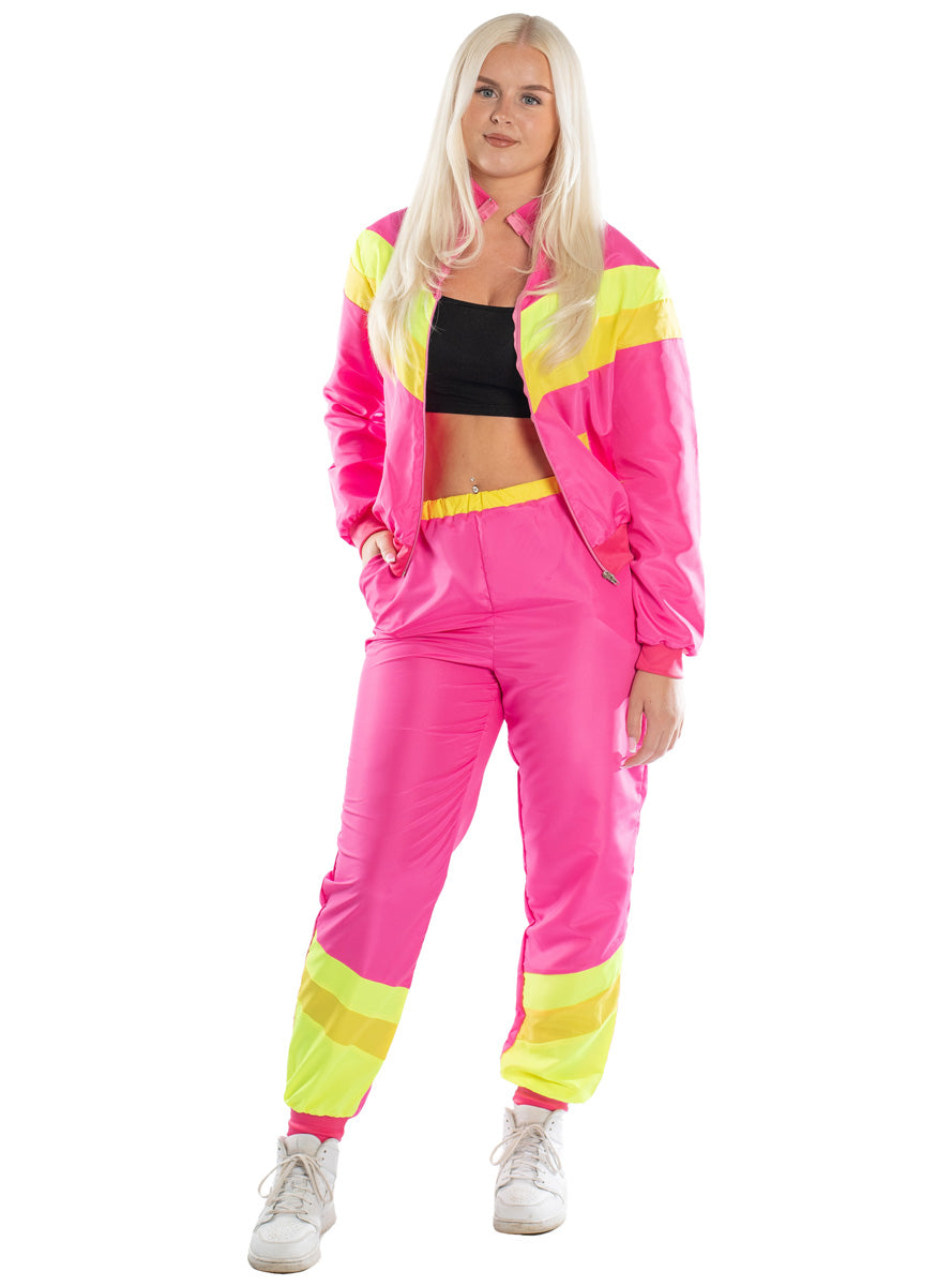 1980s Womens Neon Pink Shell Suit Costume - Alternative Image 2