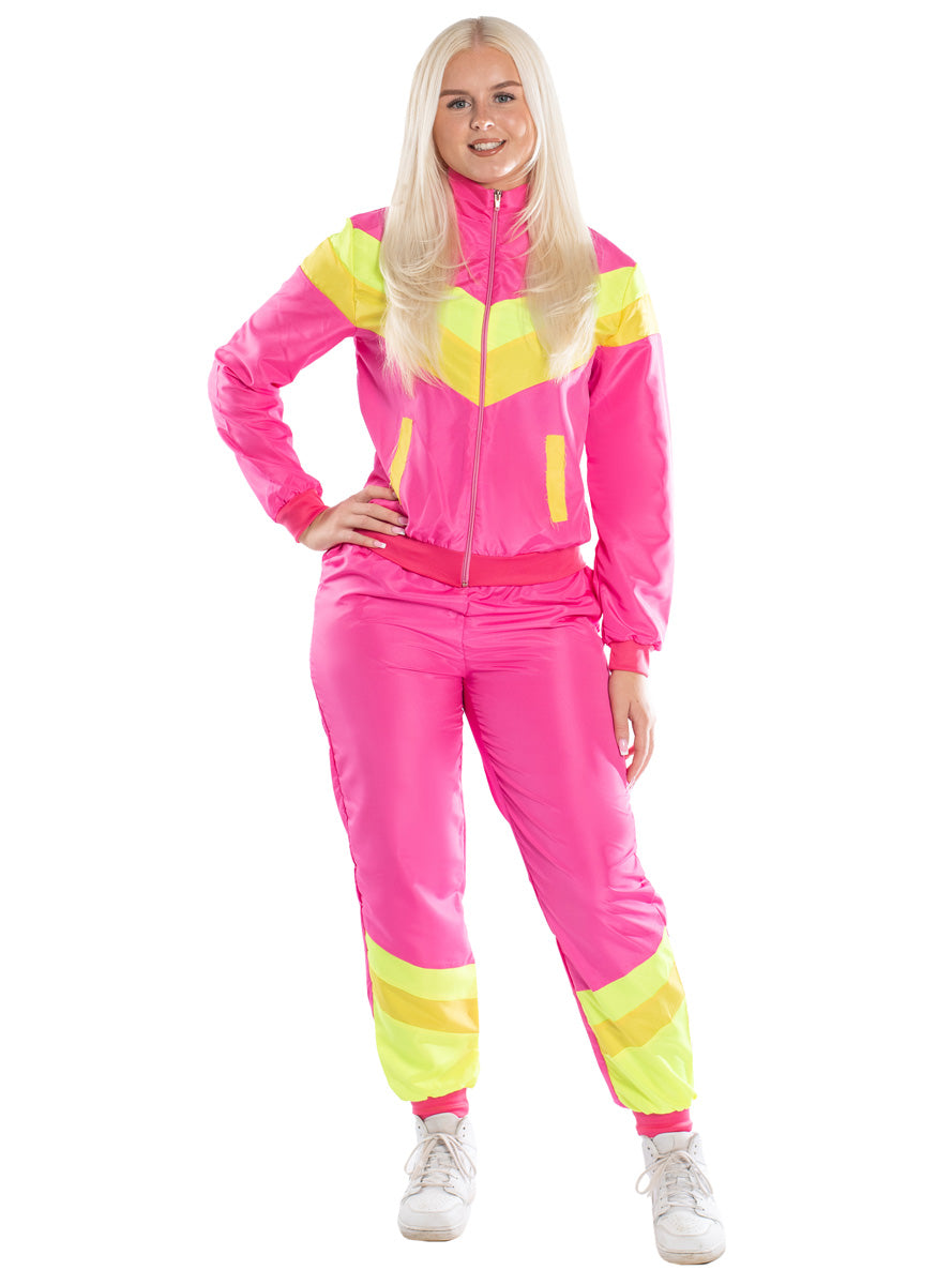 1980s Womens Neon Pink Shell Suit Costume - Main Image