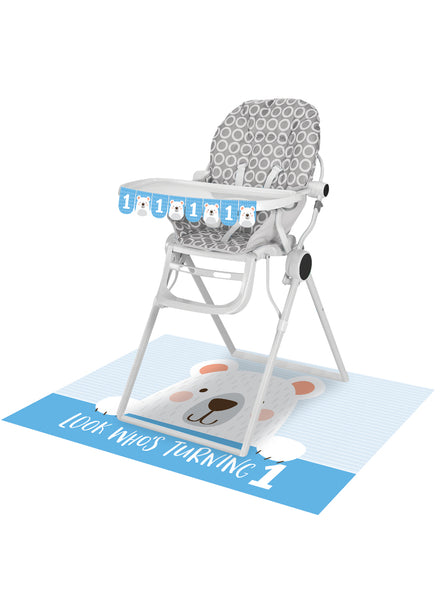 1st Birthday Blue Bear High Chair Banner and Floor Mat - Main Image