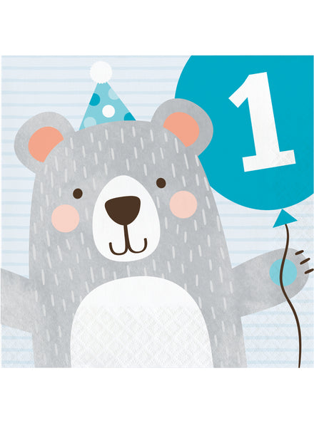 1st Birthday Bear Print 16 Pack Lunch Napkins - Main Image
