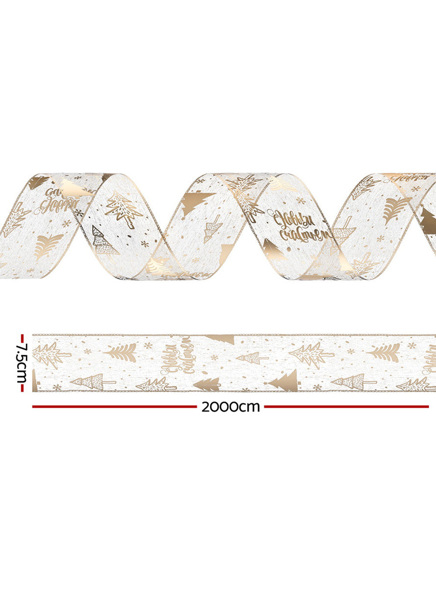 Jingle Jollys Gold Bow Print Christmas Ribbon 20 Metre - Dimensions Image 1