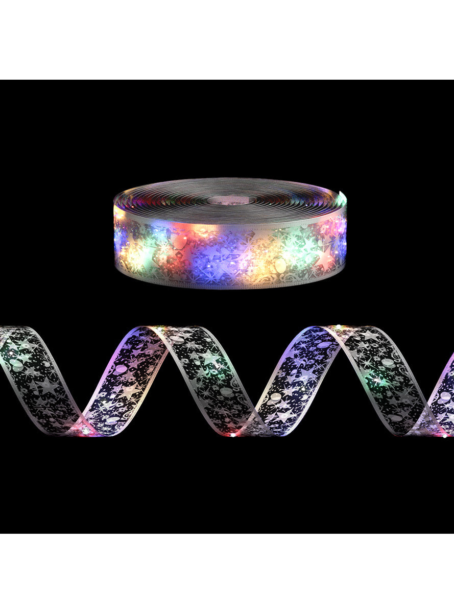 Silver Printed Light Up Christmas Ribbon 20 Metre - Main Image