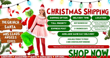 Christmas 2024 mobile home page banner with toll priority and express post shipping options.