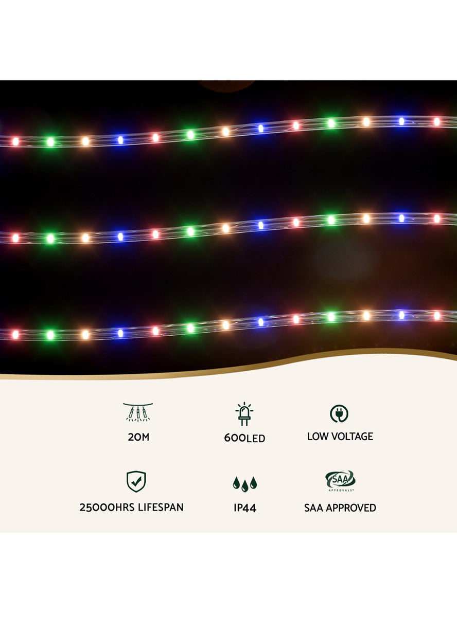 Colourful 600 LED Light Up Christmas Light String Rope Decoration 20m - Details Image