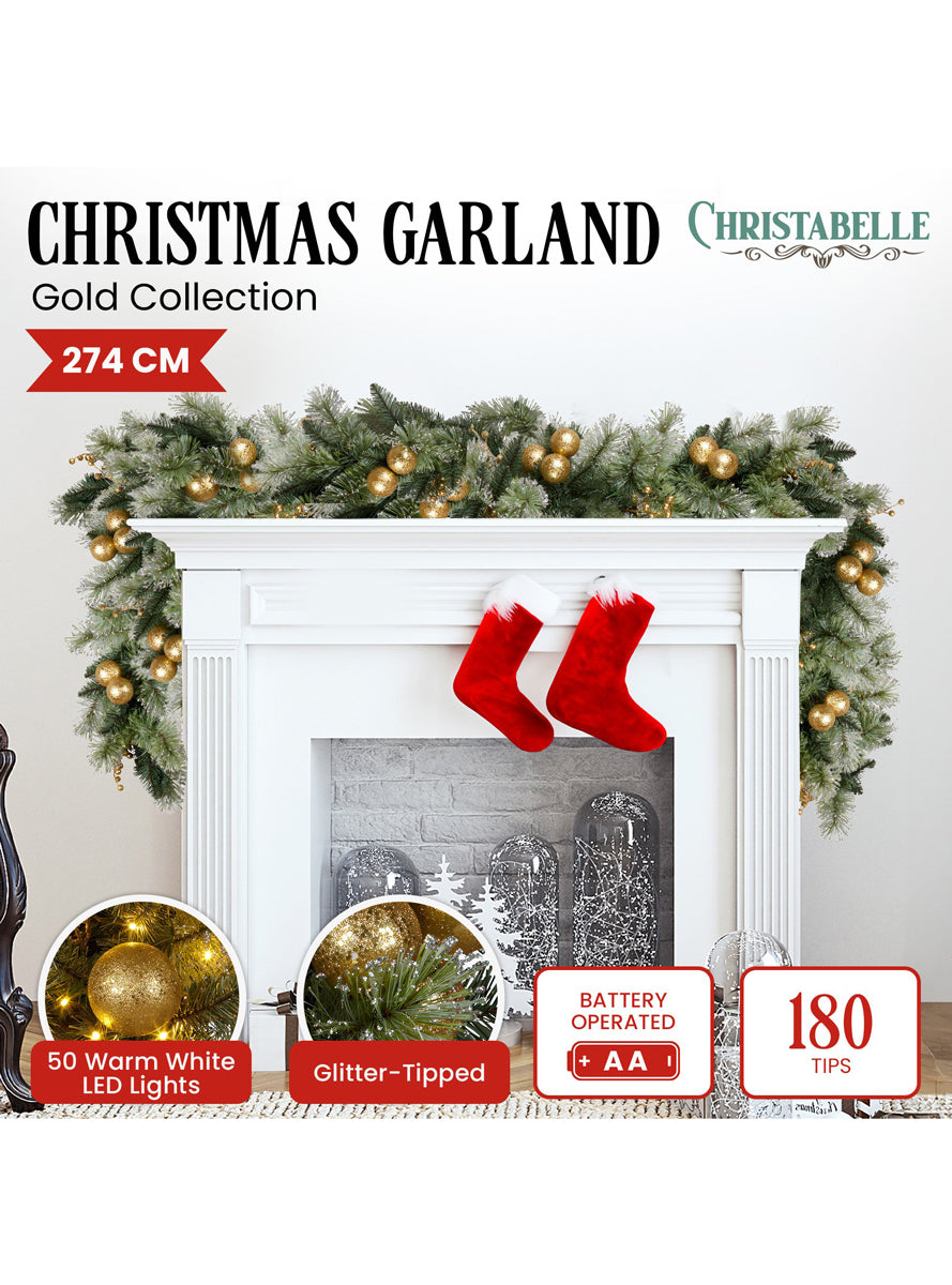 Green Christmas Garland With Lights And Gold Decorations 270cm - Info Image 1