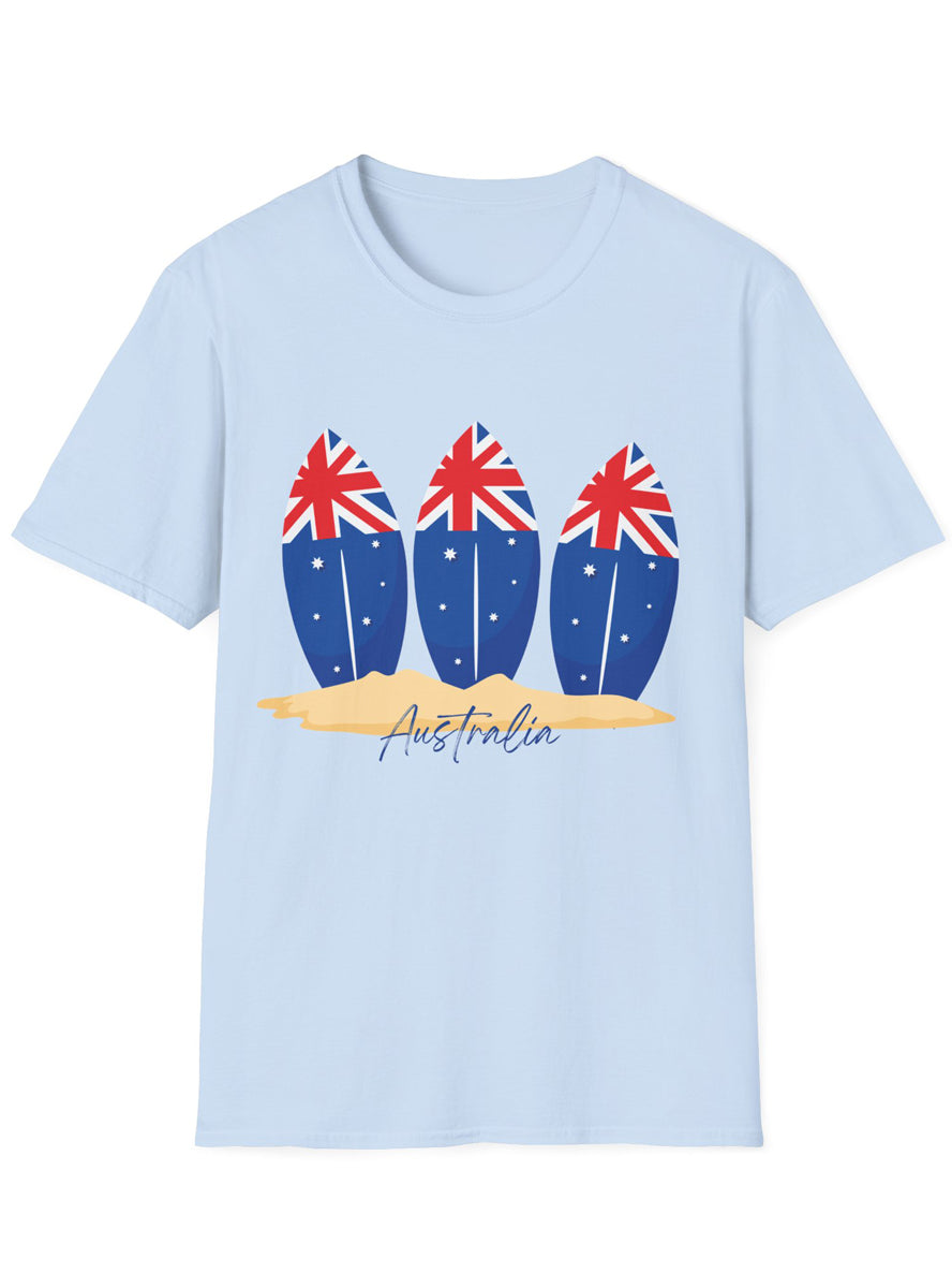 Adults Light Blue T-Shirt with 3 Australia Day Surfboards Print
