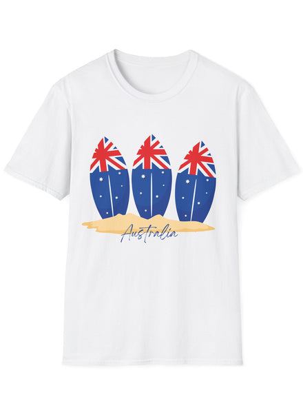 Adults Plus Size White T-Shirt with 3 Australia Day Surfboards Print