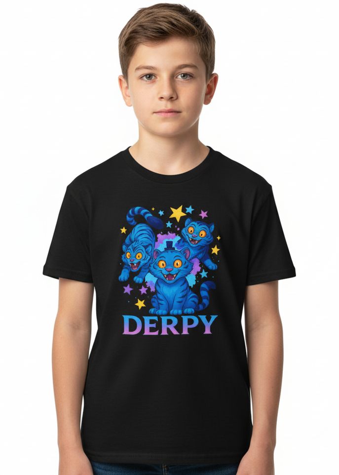 Kids Black Kpop T-Shirt with 3 Derpy Demon Tigers Print Main Image