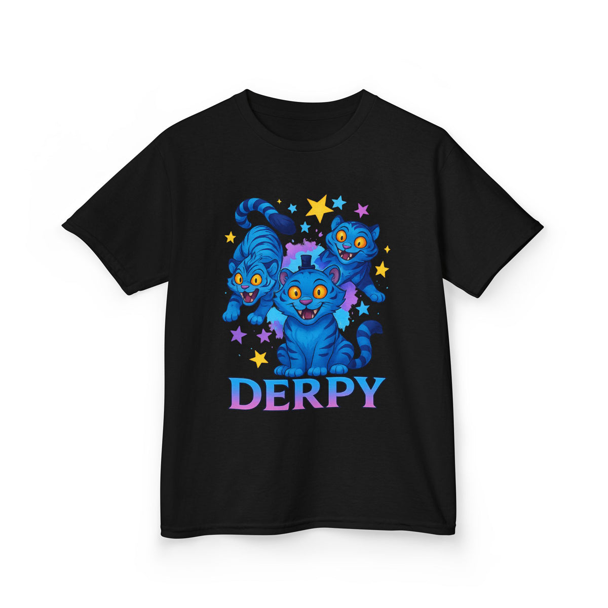 Kids Black Kpop T-Shirt with 3 Derpy Demon Tigers Print
