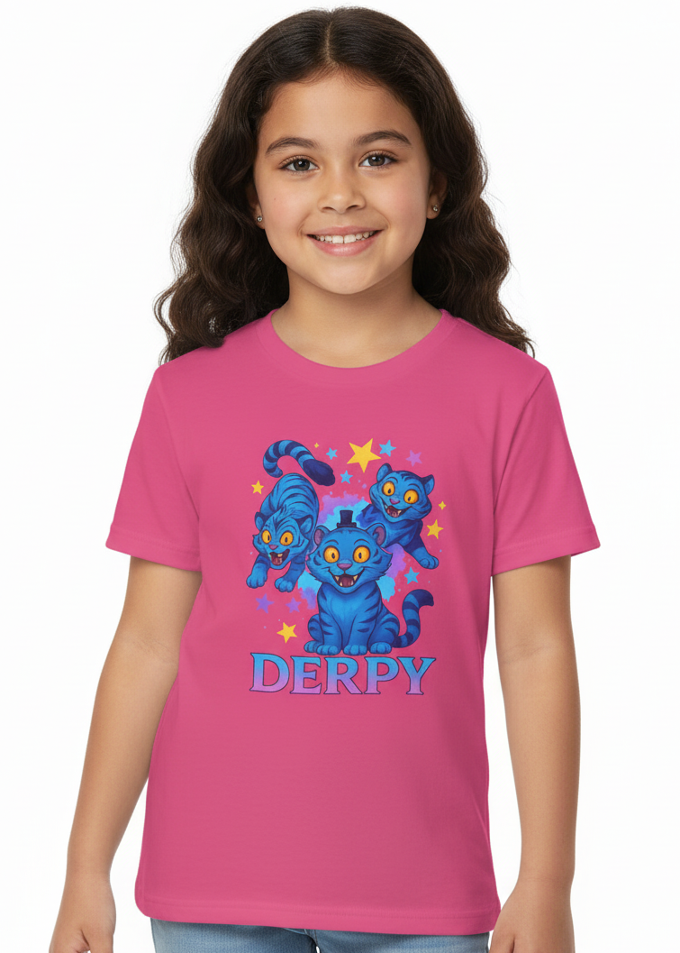Kids Dark Pink Kpop T-Shirt with 3 Derpy Demon Tigers Print Main Image