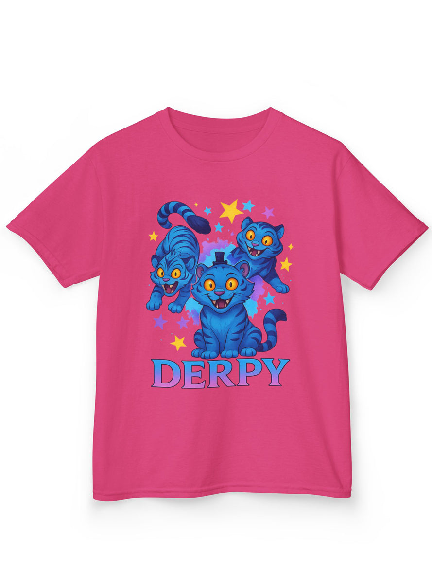 Kids Dark Pink Kpop T-Shirt with 3 Derpy Demon Tigers Print