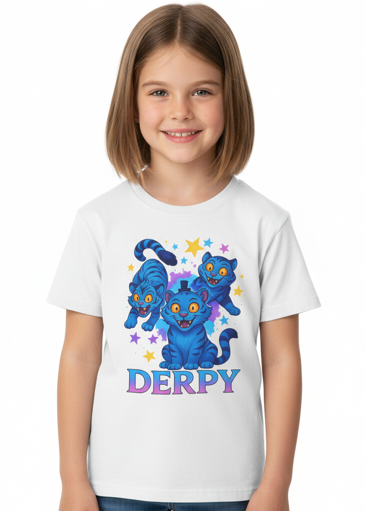 Kids White Kpop T-Shirt with 3 Derpy Demon Tigers Print Main Image