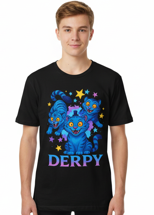Teens Black Kpop T-Shirt with 3 Derpy Demon Tigers Print Main Image