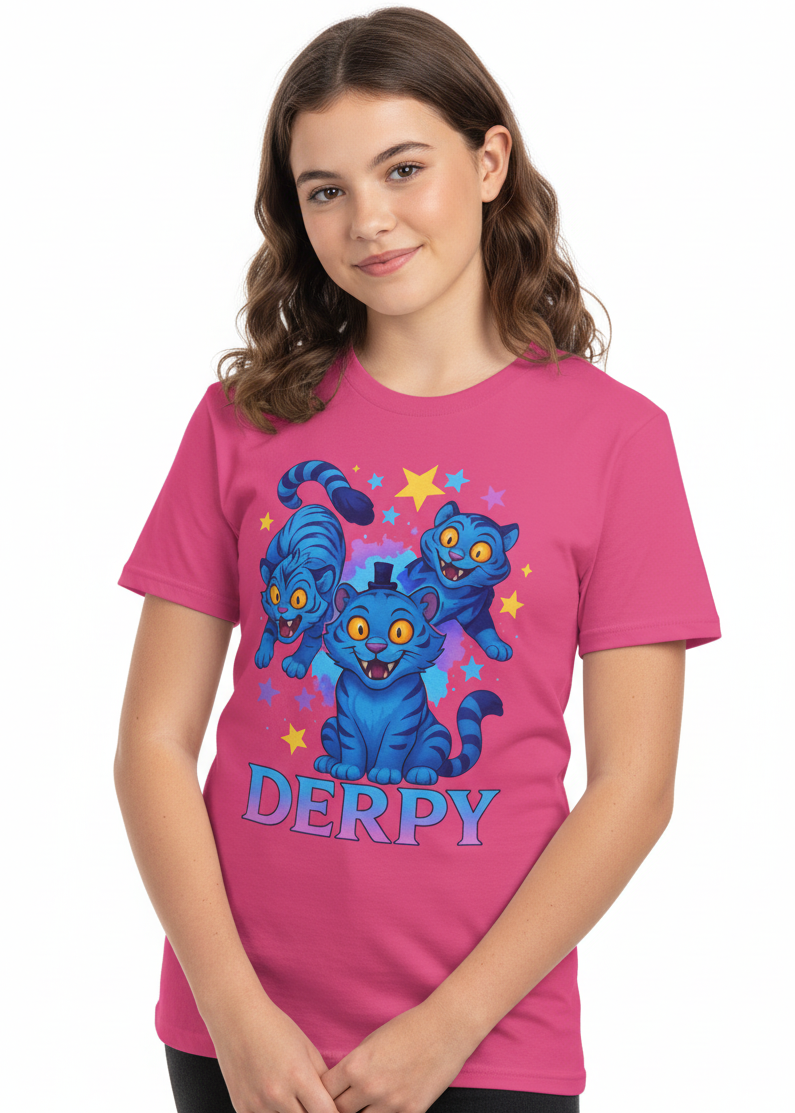 Teens Dark Pink Kpop T-Shirt with 3 Derpy Demon Tigers Print Main Image