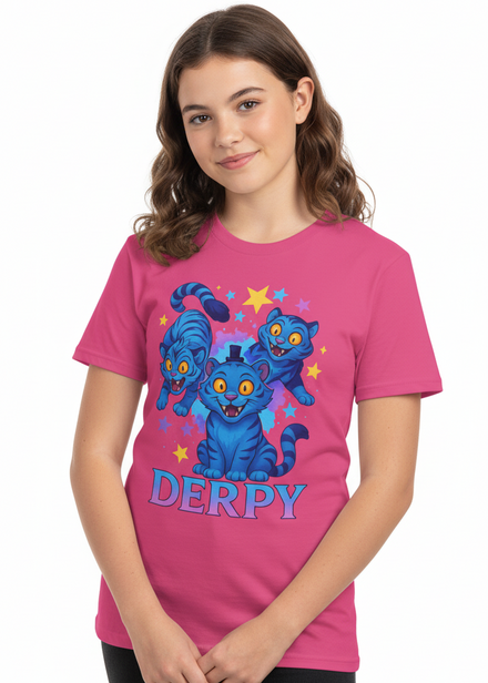 Teens Dark Pink Kpop T-Shirt with 3 Derpy Demon Tigers Print Main Image