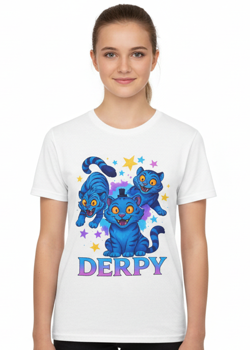 Teens White Kpop T-Shirt with 3 Derpy Demon Tigers Print Main Image